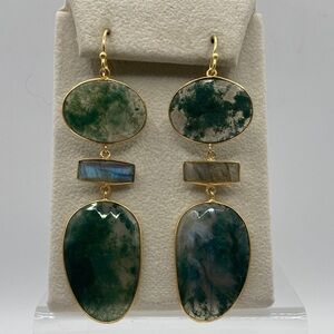 Joya Gold Plated Sterling Silver Green Moss Agate Labradorite Dangle Earrings